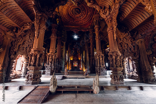 Thailand, Pattaya December 2019 Fragment of the Temple of truth in Pattaya. A huge wooden temple with carved decorations. Buddhist temple. Religious building in Pattaya Tourist attraction of Thailand