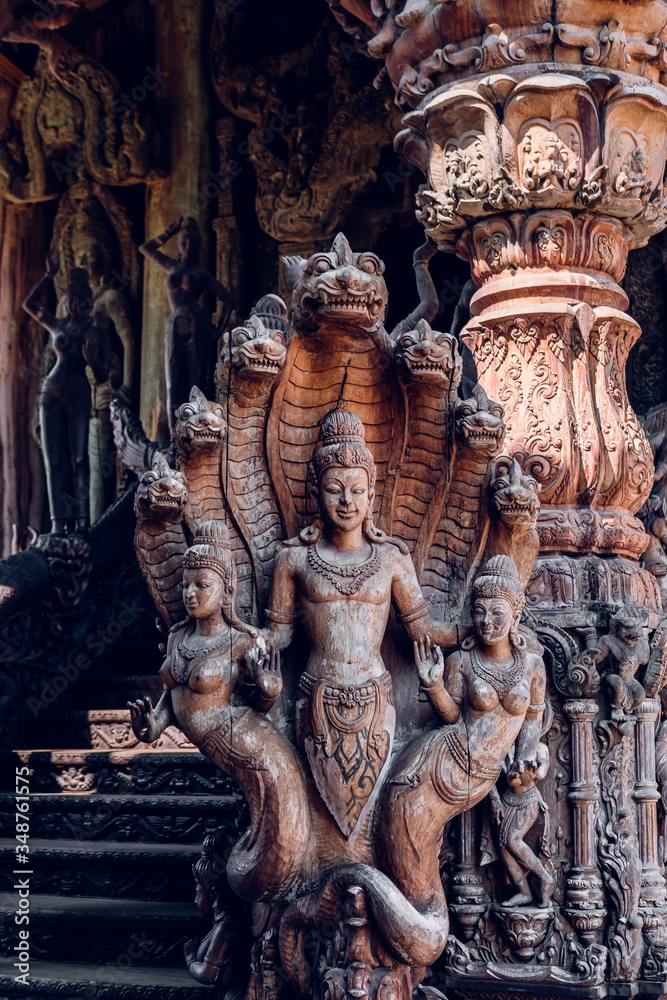 Thailand, Pattaya December 2019 Fragment of the Temple of truth in Pattaya. A huge wooden temple with carved decorations. Buddhist temple. Religious building in Pattaya Tourist attraction of Thailand