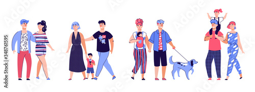 Cartoon family walking - isolated set of happy people with children