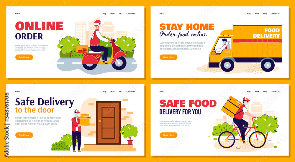 Safe food delivery website banner concept set with cartoon people