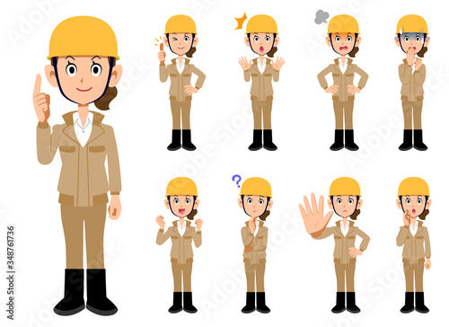 建設業_ベージュ色の作業服を着た女性_9種類のポーズのセット
