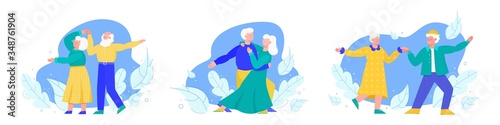 Seniors dancing people couples set flat cartoon vector illustration isolated.