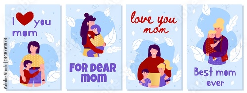 Mother day card set - cartoon posters with woman hugging children. © Kudryavtsev