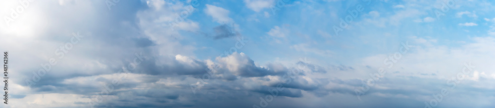 Clouds on a clear Sunny spring sky as a background. Panoramic view.