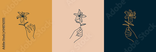 A set of Female Hand logos in a minimalist linear style. Vector emblems and Badges with a woman's hand and Lily flowers.