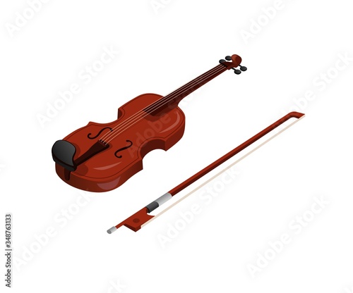 Violin, wooden biola classic music instrument in isometric illustration vector isolated in white background