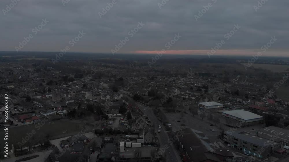 Aerial drone clip over the town of Thetford in England during sunrise Aerial drone clip over the town of Thetford in England during sunrise