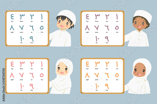 Muslim children holding a whiteboard with colorful Arabic numbers. Arabic numbers vector set.