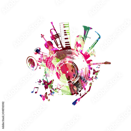 Music background with colorful music instruments and vinyl record disc vector illustration. Music festival poster with double bell euphonium, violoncello, trumpet, piano, euphonium, sax and guitar