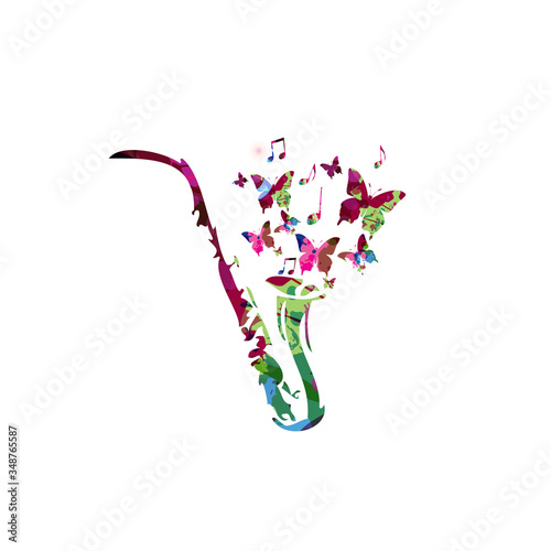 Colorful music promotional poster with saxophone and music notes isolated vector illustration. Artistic abstract background for live concert events, music shows and festivals, party flyer design 