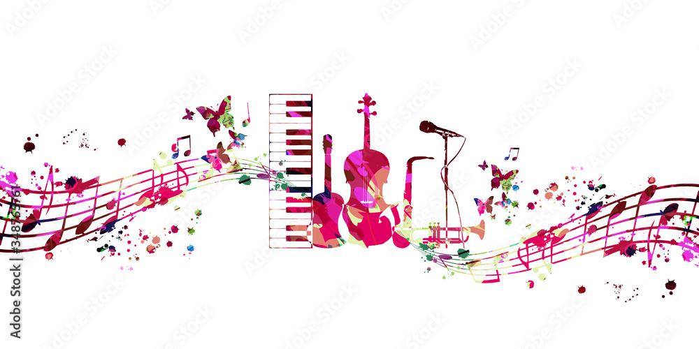 Obraz premium Colorful music promotional poster with music instruments and notes isolated vector illustration. Artistic abstract background for live concert events, music show and festival, party flyer design 