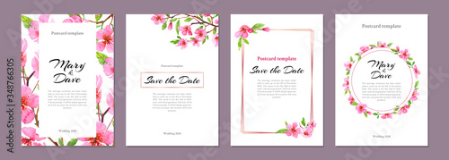 Set of wedding greeting cards, watercolor cherry blossom flowers. Sakura beautiful spring floral template poster, flyer design collection. Colorful illustration on white background