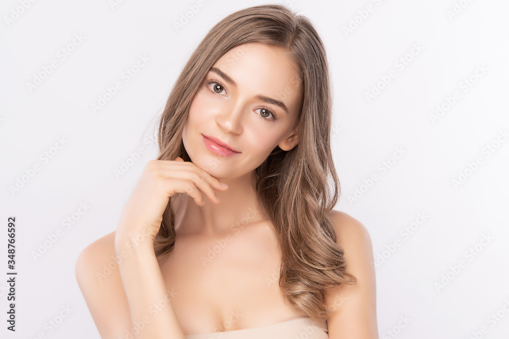 Beautiful Young Woman touching her clean face with fresh Healthy Skin, isolated on white background, Beauty Cosmetics and Facial treatment Concept Beautiful Young Woman touching her clean face with fresh Healthy Skin, isolated on white background, Beauty Cosmetics and Facial treatment Concept
