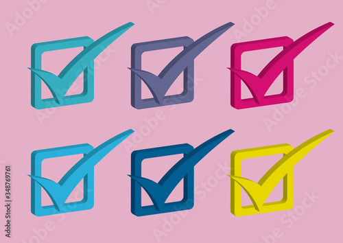 Collection of six check mark in 3D. Vector illustration.