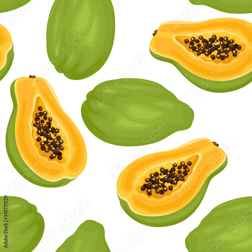 Papaya seamless pattern. Tropical fruits whole and halves isolated on white background. Vector illustration in cartoon flat style.