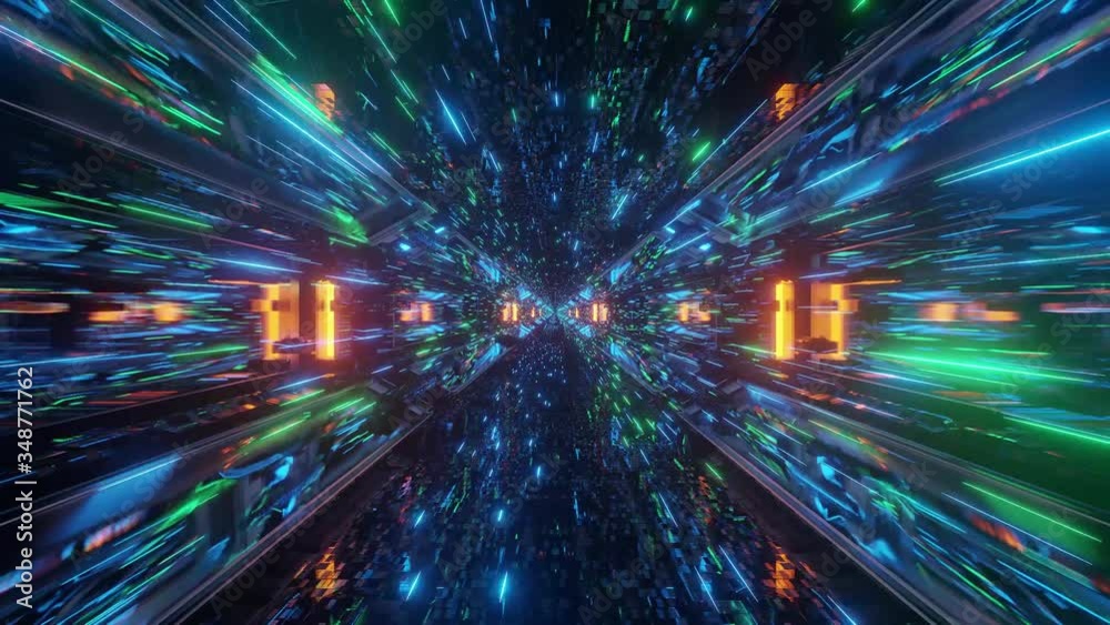Fast motion graphics sci fi bright blue, green and teal tunnel passage