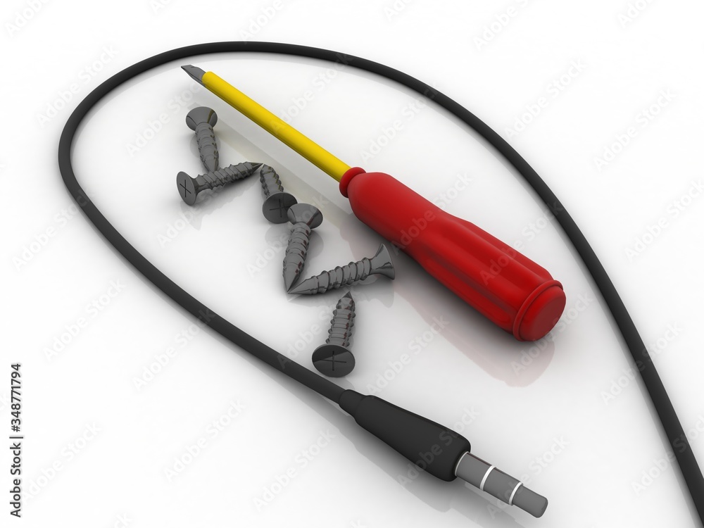 3d rendering aux cable with screwdriver and screw 3d rendering aux cable with screwdriver and screw