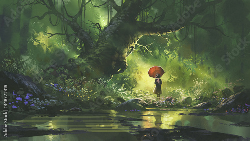 mysterious woman with umbrella standing in forest, digital art style, illustration painting photo