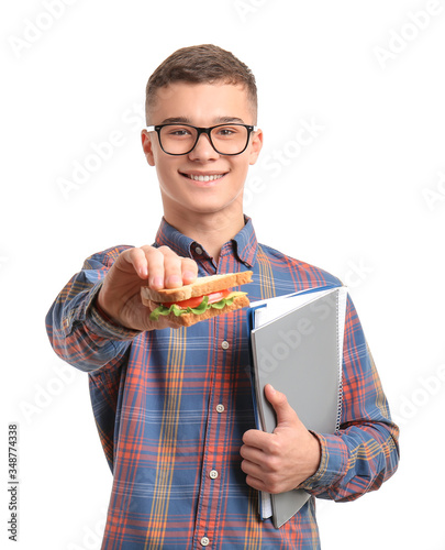 Pupil with sandwich on whit...