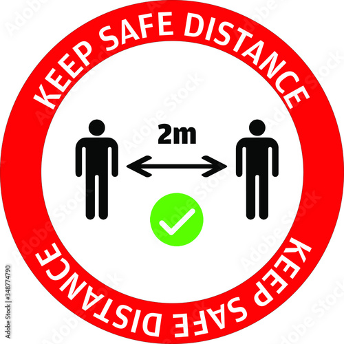 Warning sign sticker reminding the importance of maintaining safe distance of 2m between people to protect from Coronavirus or Covid-19, Vector illustration of people standing at 2m keep apart.