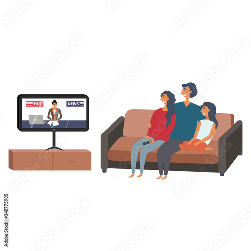 Family watching tv news in an embrace. Family evening watching the news. Vector editable illustration