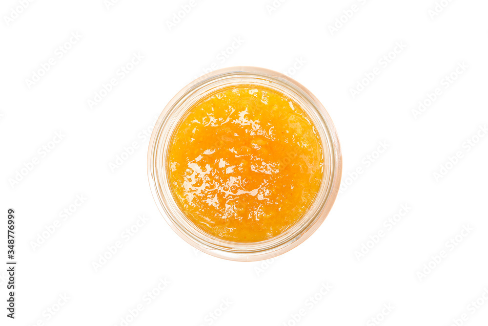 Glass jar with apricot jam isolated on white background Glass jar with apricot jam isolated on white background