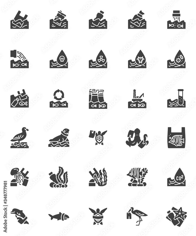 Water pollution vector icons set, modern solid symbol collection, ocean pollution filled style pictogram pack. Signs, logo illustration. Set includes icons as plastic bottle, industrial waste, fish