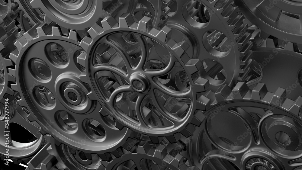 Fototapeta premium Mechanism silver gears and cogs at work on black-white background. Industrial machinery. 3D illustration. 3D high quality rendering.
