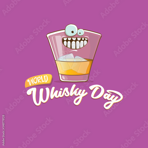 World Whisky Day banner with vector funny cartoon smiling whiskey glass character isolated on violet backgound. whiskey day vector concept illustration. funky hipster alcohol character label