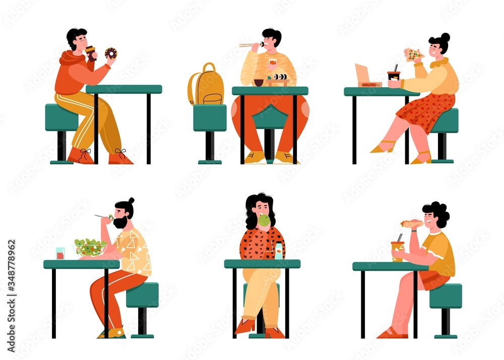 Cartoon people eating food at cafe table - isolated set