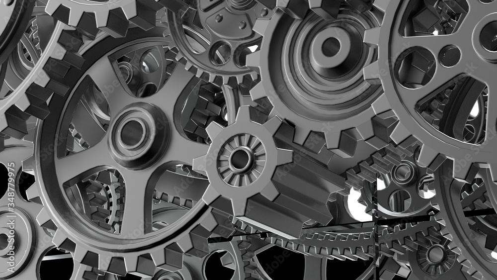 Naklejka premium Mechanism silver gears and cogs at work on black-white background. Industrial machinery. 3D illustration. 3D high quality rendering.
