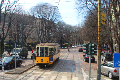 Vintage tram in the suburb Lambrate in Milan (Italy) photo