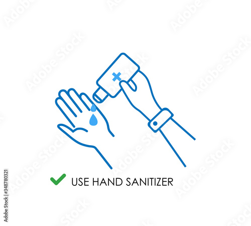 Use hand sanitize icon.Hand Sanitize Dispenser, infection control concept. Sanitize to prevent colds, virus, Corona-virus, flu. Sanitize bottle and keep your hands clean on white background.
