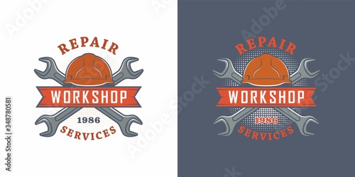 Set of color illustrations of hard hat, crossed wrenches with text on a colored background. Vector illustration advertise repair shop services. Workshop logo.