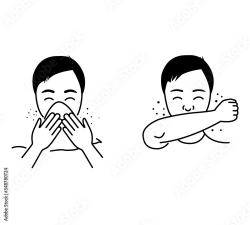 Sneeze into elbow icon.Sneeze or Cough into your elbow, not your hands to avoid, prevent spreading germs and viruses, icons, vector illustration.