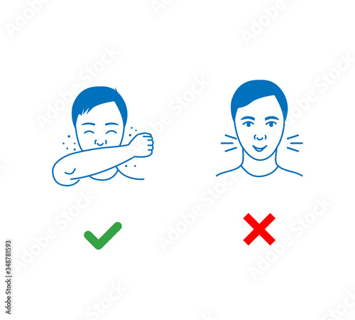 Sneeze icon.sneeze into elbow icon how to cough and sneeze and not spreading virus. Man for wrong cough in hand and the correct method in napkin and elbow fold. Preventive measures against coronavirus