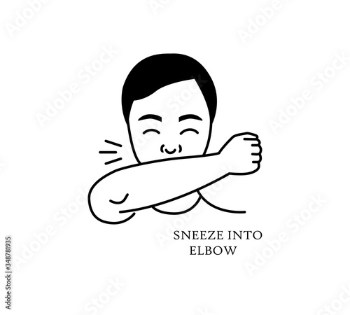 Sneeze into elbow icon.Sneeze or Cough into your elbow, not your hands to avoid, prevent spreading germs and viruses, icons, vector illustration.