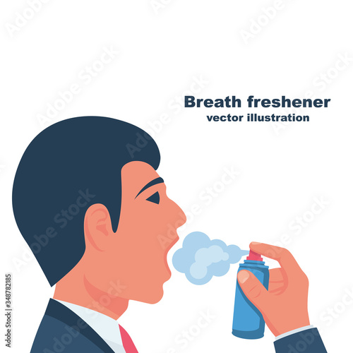 Human uses breath freshener. Open mouth portrait in profile. Aerosol spray in the hand. Spraying antibacterial agent. Vector illustration flat design. Isolated on white background. Fresh breath.