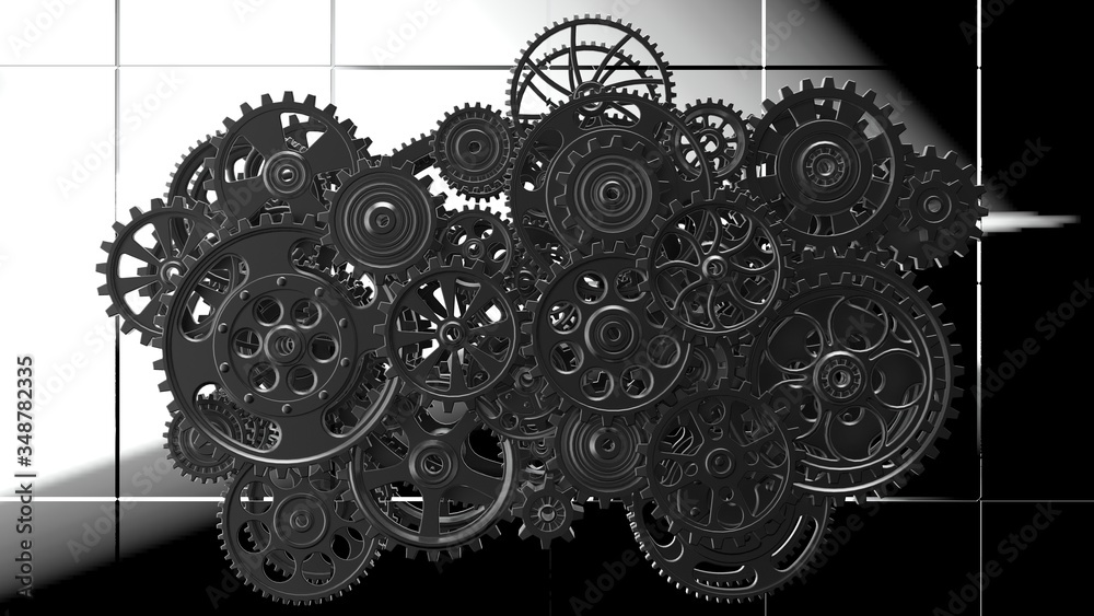 Fototapeta premium Mechanism silver gears and cogs at work on black-white background. Industrial machinery. 3D illustration. 3D high quality rendering.