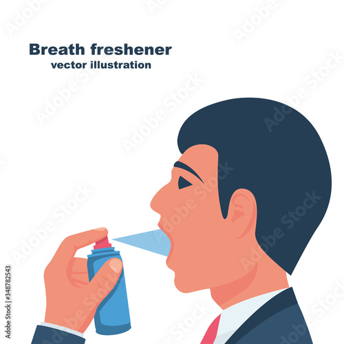 A young man uses breath freshener. Open mouth portrait in profile. Aerosol spray in the hand. Spraying antibacterial agent. Vector illustration flat design. Isolated on white background. Fresh breath.