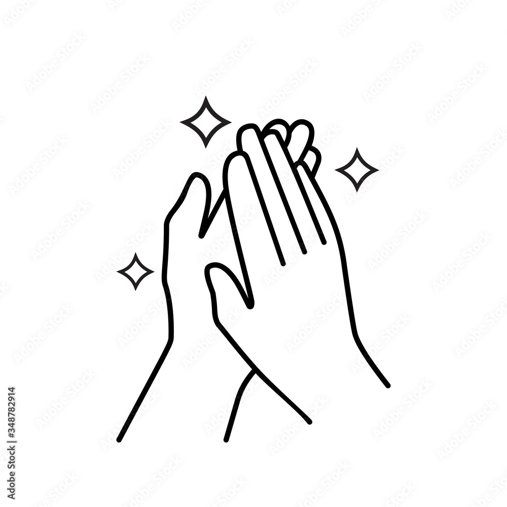 Clean hands. Black line drawing, monochrome style. Sparkling hands