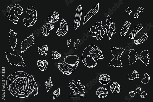 Set of realistic icons of dry pasta of various kinds.  Line art. Stock illustration. White pasta on black background.