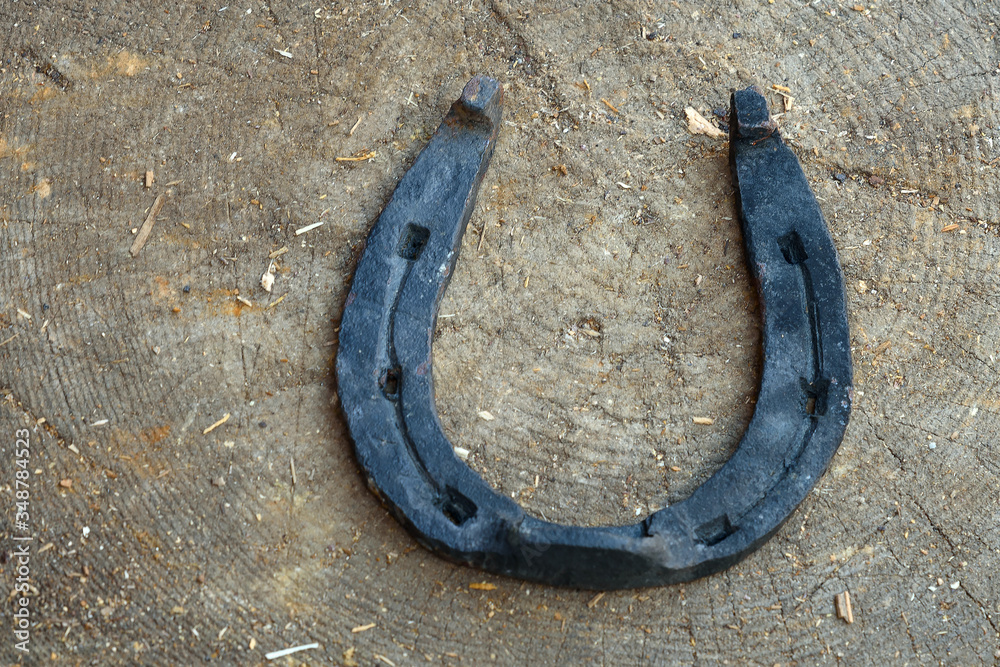 An old horseshoe is lying on a wooden block An old horseshoe is lying on a wooden block