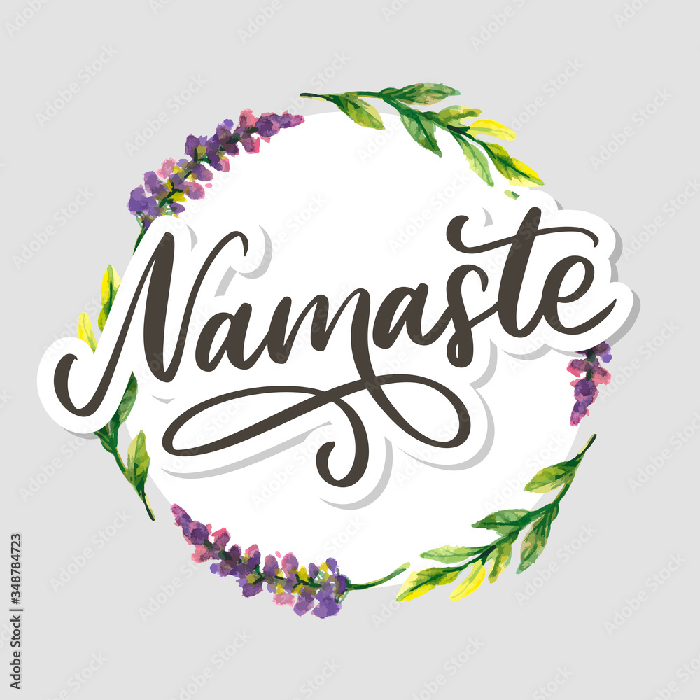 Fototapeta premium Hand drawn namaste card. Hello in hindi. Ink illustration. Hand drawn lettering background. Isolated on white background. Positive quote. Modern brush calligraphy.