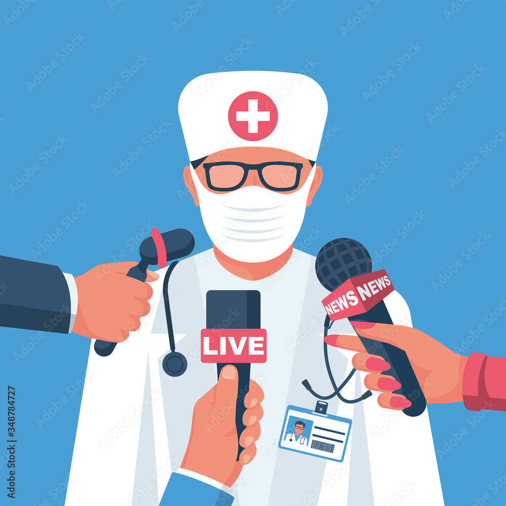 Press interview with medical doctor. Medical Conference. Doctor in a protective mask reporting. Journalists in a meeting with medicine. Vector flat design. Coronavirus Prevention Information covid-19