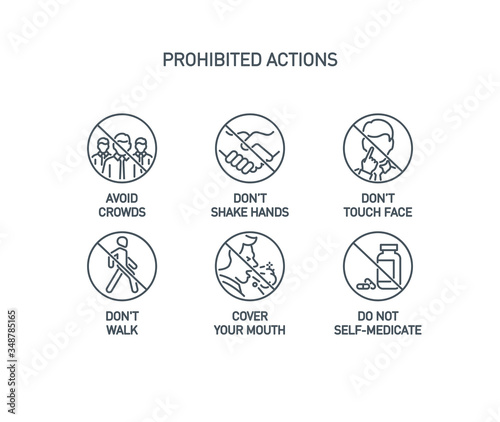 prohibited actions Coronavirus line icons set poster isolated on white. Perfect outline symbols prevention Covid 19 pandemic banner. Quality design elements handshake, crowd, walk with editable Stroke