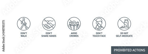 prohibited actions Coronavirus line icons set poster isolated on white. Perfect outline symbols prevention Covid 19 pandemic banner. Quality design elements handshake, crowd, walk with editable Stroke