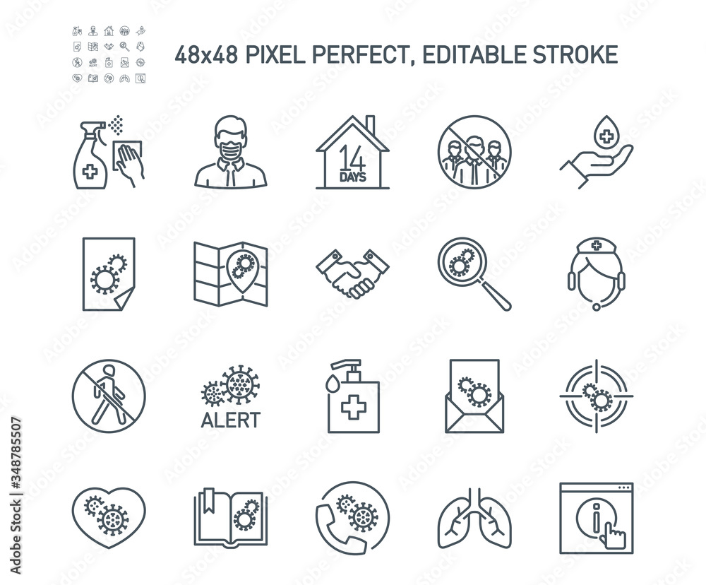 Simple Set of Coronavirus Protection Related Vector Line Icons. Contains such Icons as Protective Measures, Coronavirus Symptoms, Incubation Period and more. Editable Stroke. 48x48 Pixel Perfect. Simple Set of Coronavirus Protection Related Vector Line Icons. Contains such Icons as Protective Measures, Coronavirus Symptoms, Incubation Period and more. Editable Stroke. 48x48 Pixel Perfect.