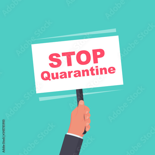 A man holds in hands protest stop quarantine poster. Protest against the prevention of coronavirus covid-19. Lockdown quarantine. Vector illustration flat design. Poster in the hand. Strike concept.