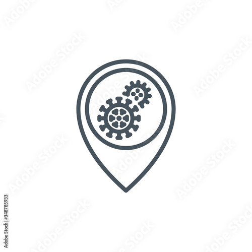 location point coronavirus outbreak on map single line icon isolated on white. Perfect outline symbol Coronavirus Covid 19 pandemic banner. Quality design element with editable Stroke line thickness